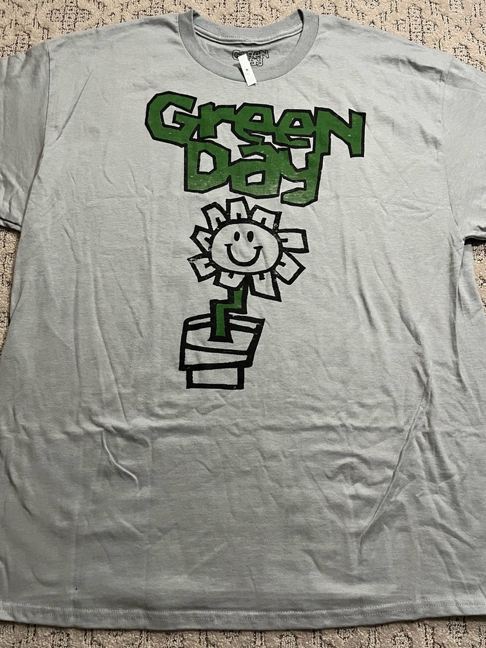 🎸 '23 Green Day Band Unworn Green Faced Flower Logo Grey Out Punk Cotton Tee